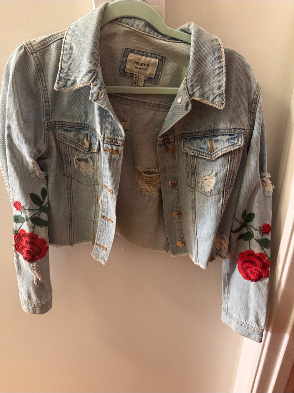 Forever 21 Light Blue Cropped Distressed Denim Jacket with Red Rose Embroidery
